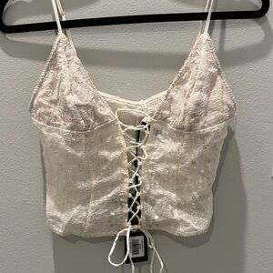 Cream Sequin Lace-Up Crop Top White Fox NWT